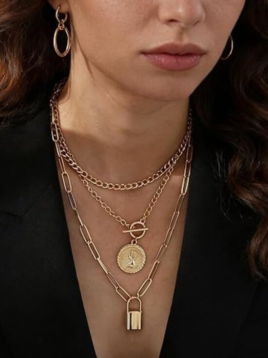 Jewelry - Vintage Gold Layered Necklace Set for Women | Chunky Cuban Link Paperclip Chain